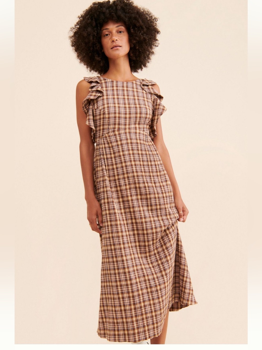 Free People The Odell’s Brown Plaid Ruffled Strap Midi Dress